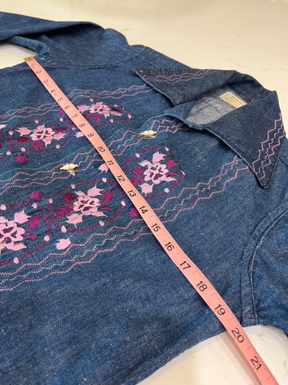 Vintage 70s Embroidered Denim Shirt Western Boho Floral Cotton - Picture 7 of 10